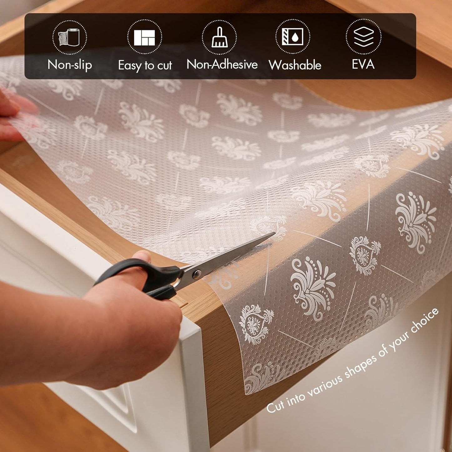 Cooyes Shelf and Drawer Liners for Kitchen Cabinets, Non-Adhesive Cabinet Liners, EVA Waterproof Durable Shelf Paper for Refrigerator, Shelves, Cupboard with Modern Pattern, Easy to Cut