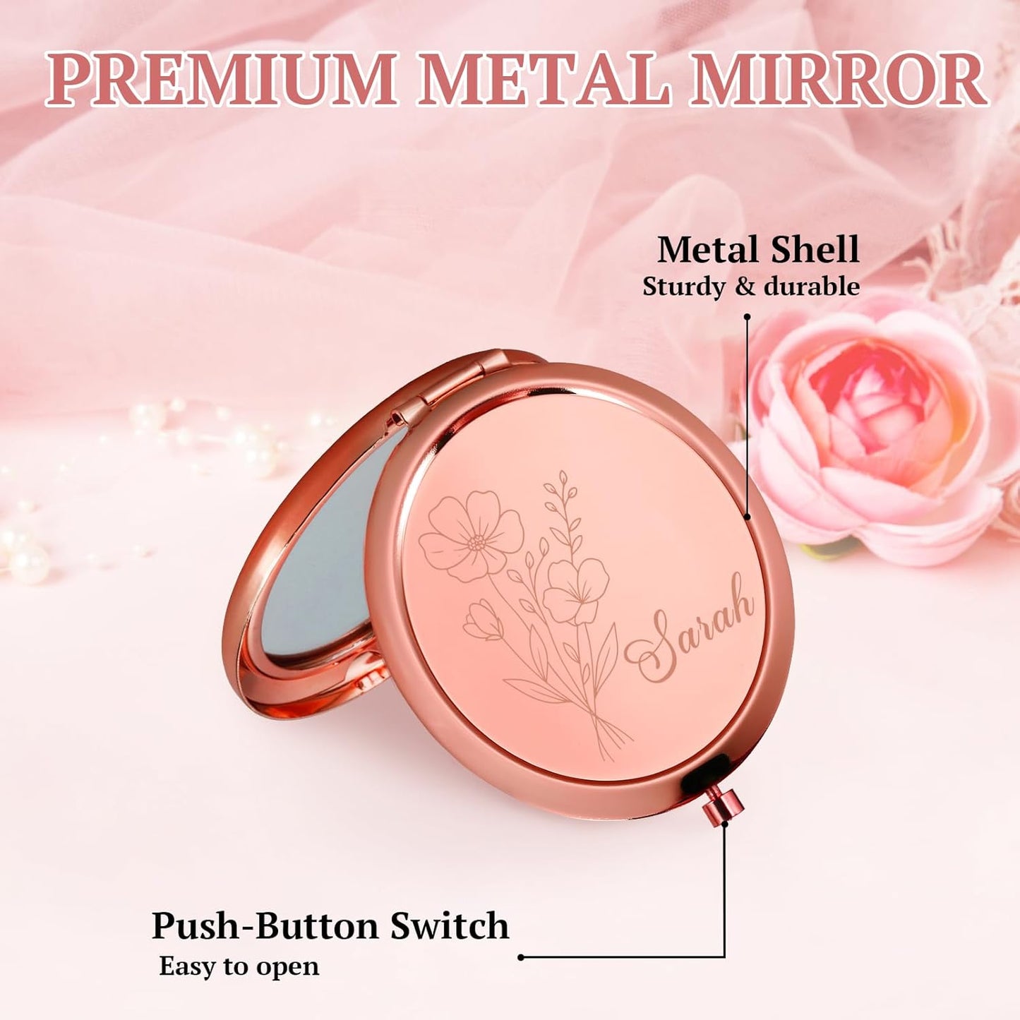Personalized Compact Mirror, Custom Pocket Mirror with Birth Flower and Name, Small Purse Mirrors for Women, Double-Sided 1X/2X Magnifying Travel Makeup Mirrors, Bridal Shower Gifts, Stocking Stuffers