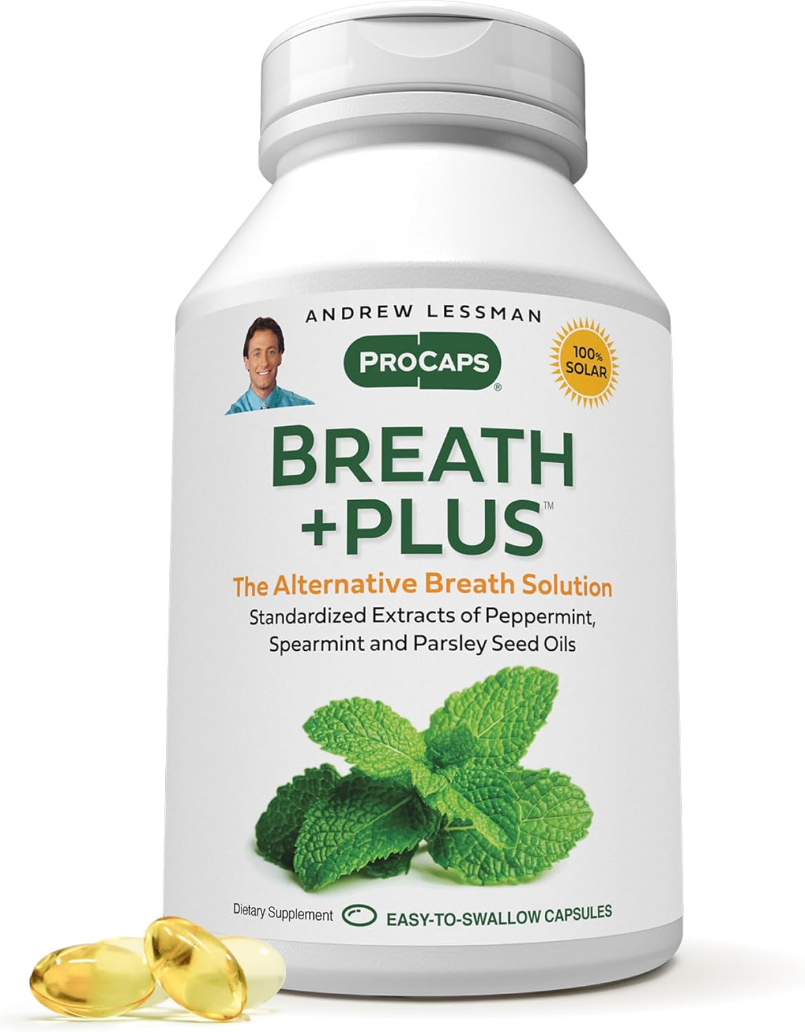 ANDREW LESSMAN Breath Plus 180 Softgels - Natural Breath Freshener, Helps Eliminate Odors from Food, Smoking, Morning Breath from The Inside Out. Peppermint, Spearmint. Easy to Swallow Softgels
