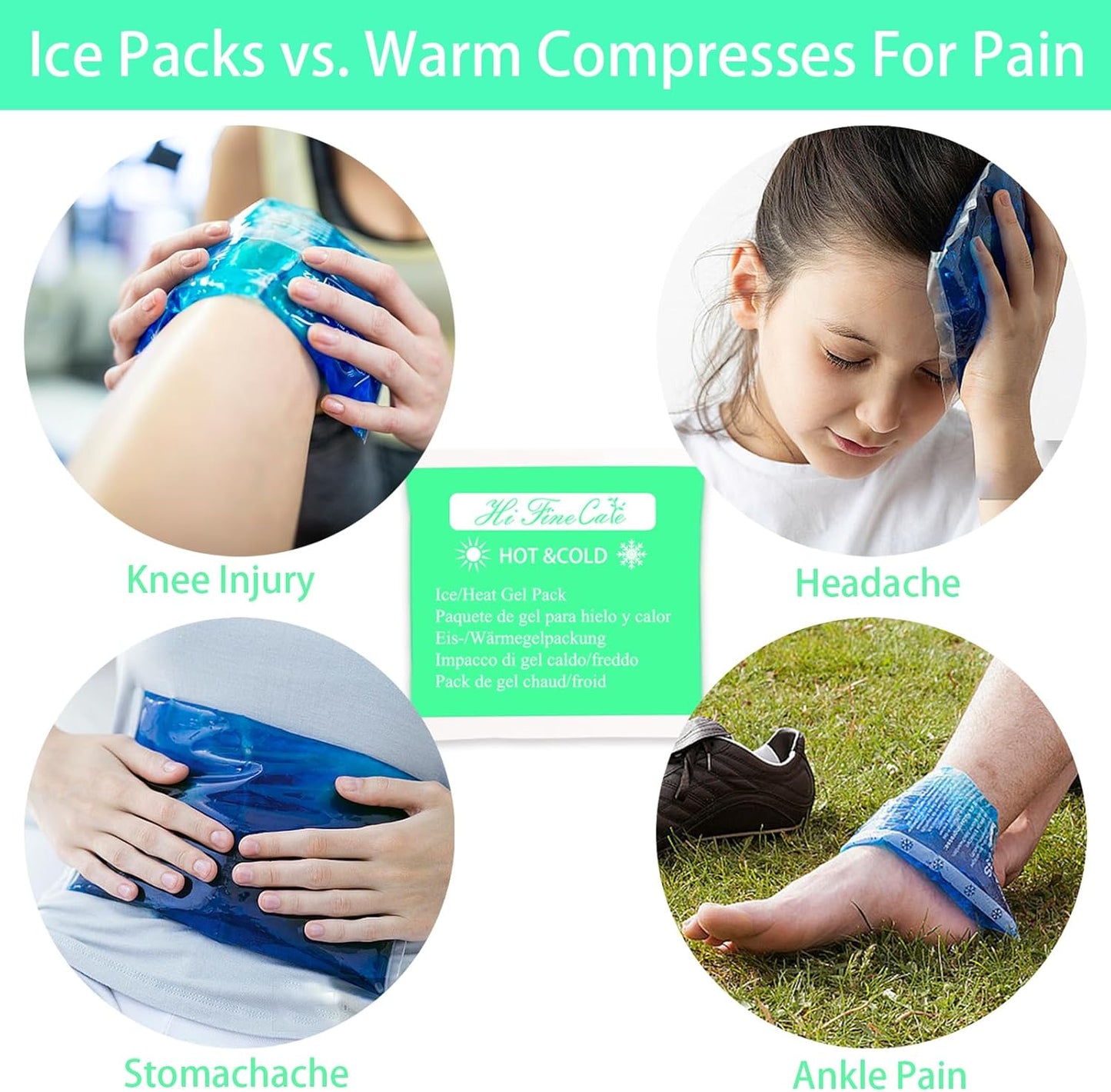 Gel Ice Packs, Cold Packs for Injury Recovery, Cold Compress for Pain Relief, Hot Cold Pack Relieves Inflammation, Arthritis for Headache, Ankle, Neck (Green (4 Pack), 5×5 inch (13×13cm))