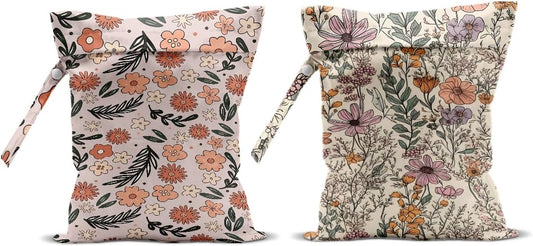 2Pcs Floral Print Wet Bags, Wet Dry Bag Reusable for Swimsuit, Travel, Diapers, Pool, Beach, Dirty Yoga Gym Clothes, Toiletries, Makeup Bag, Zipper Pouch Waterproof Birthday Christmas Gifts