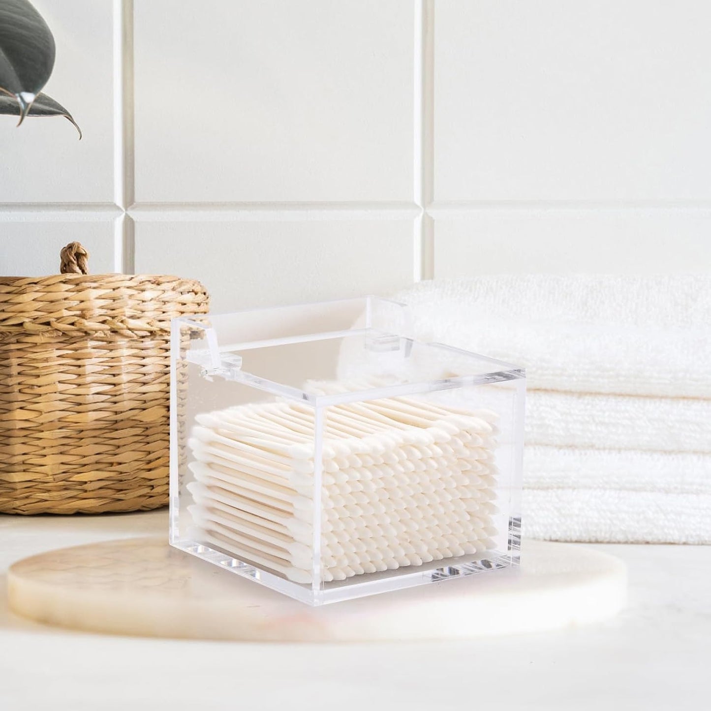 Tbestmax Qtip Holder with Lid, 4mm Thickness Cotton Ball Swab Organizer Acrylic Square Bathroom Containers Makeup Pad Cosmetic Storage - Clear