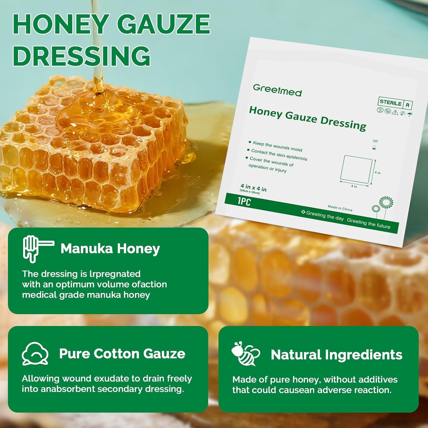 Honey Gauze Wound Dressing 4" x 4" Medical Grade Manuka Honey Wound Care Pads Honey Bandages for 1st & 2nd-Degree Burns, Abrasions, Cuts and Scalds (Individually Pack of 10)