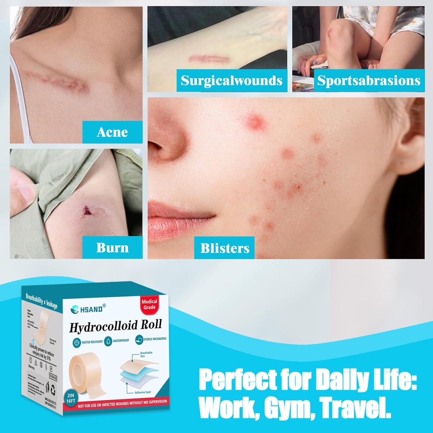 Hydrocolloid Roll for Wound Care, Hydrocolloid Bandages with Self-Adhesive, Cut-to-Size Patch Bandages, Ultra Absorbent, Waterproof, First Aid Kit Essential (2in*16ft)