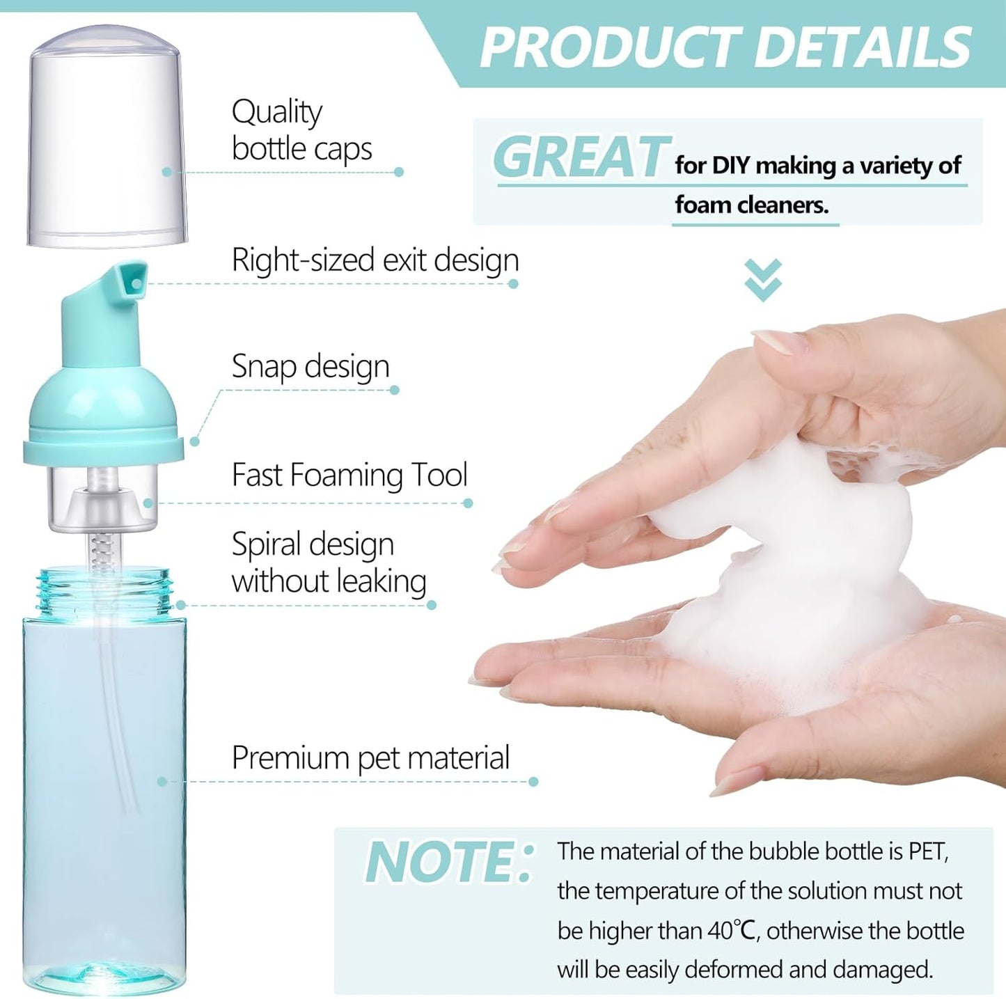 Dandat 120 Pcs 2 oz Plastic Foam Soap Dispensers Bulk Refillable Foaming Pump Bottle Empty Mini Shampoo Lash Cleaning Bottles for Travel Cosmetics Hand Soap(Green)