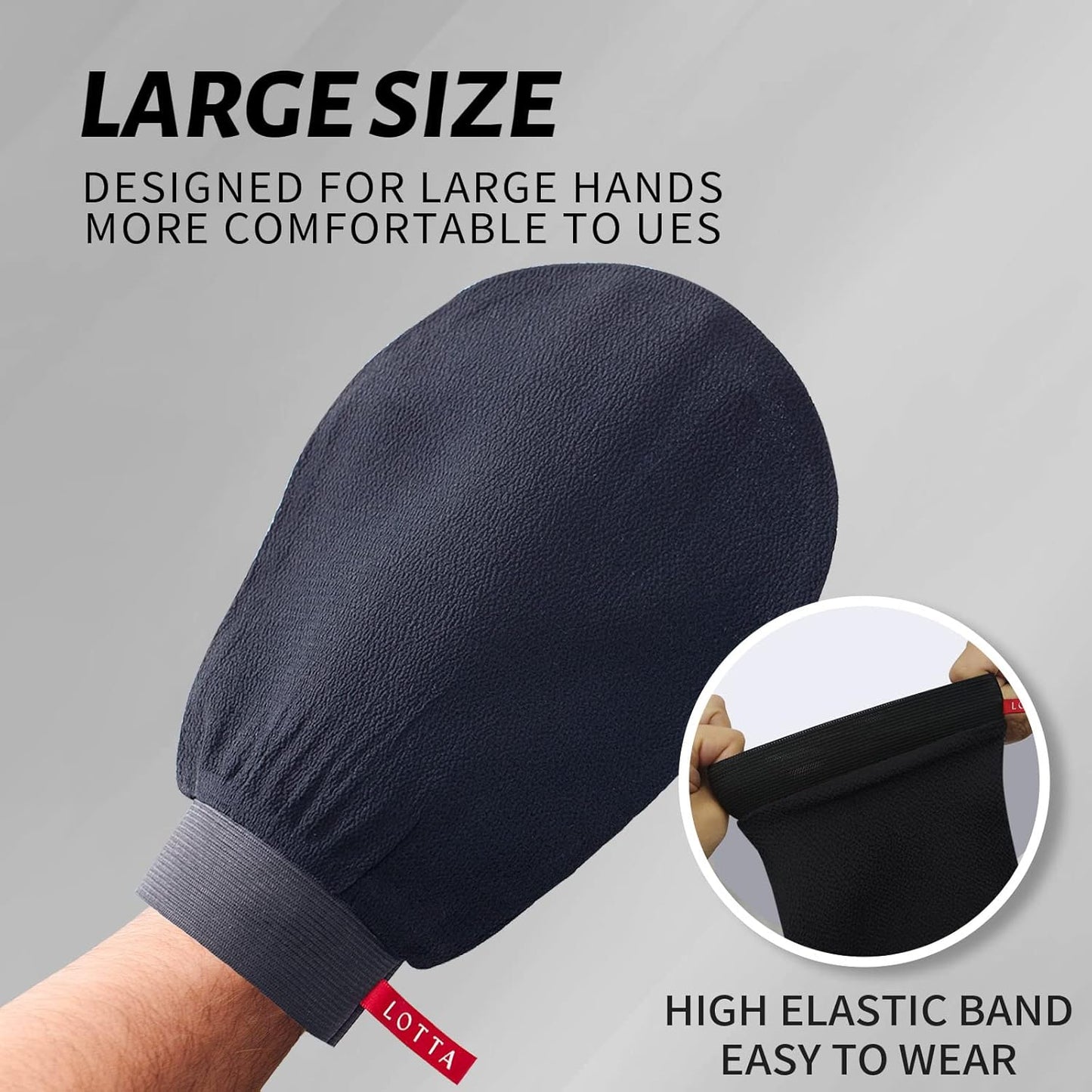 LOTTA Korean Exfoliating Mitt Exfoliating Glove for Face 2Pcs Exfoliating Gloves Bath Bathing Tanning Mitts Self Tanner Shower Body Scrub Large Size Suitable for Men and Women Black
