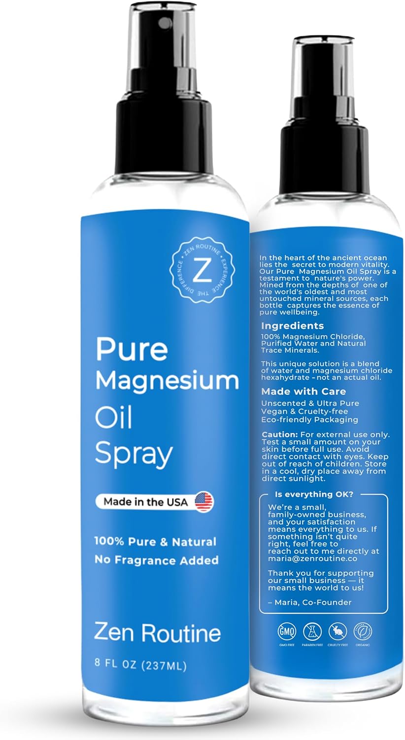 Pure Magnesium Oil Spray – 8oz (4 Pack) - Organic USP Grade, Magnesium Oil for Feet, Magnesium from Ancient Minerals - Aceite de magnesio para Los pies - Natural Magnesium Chloride, Made in The USA
