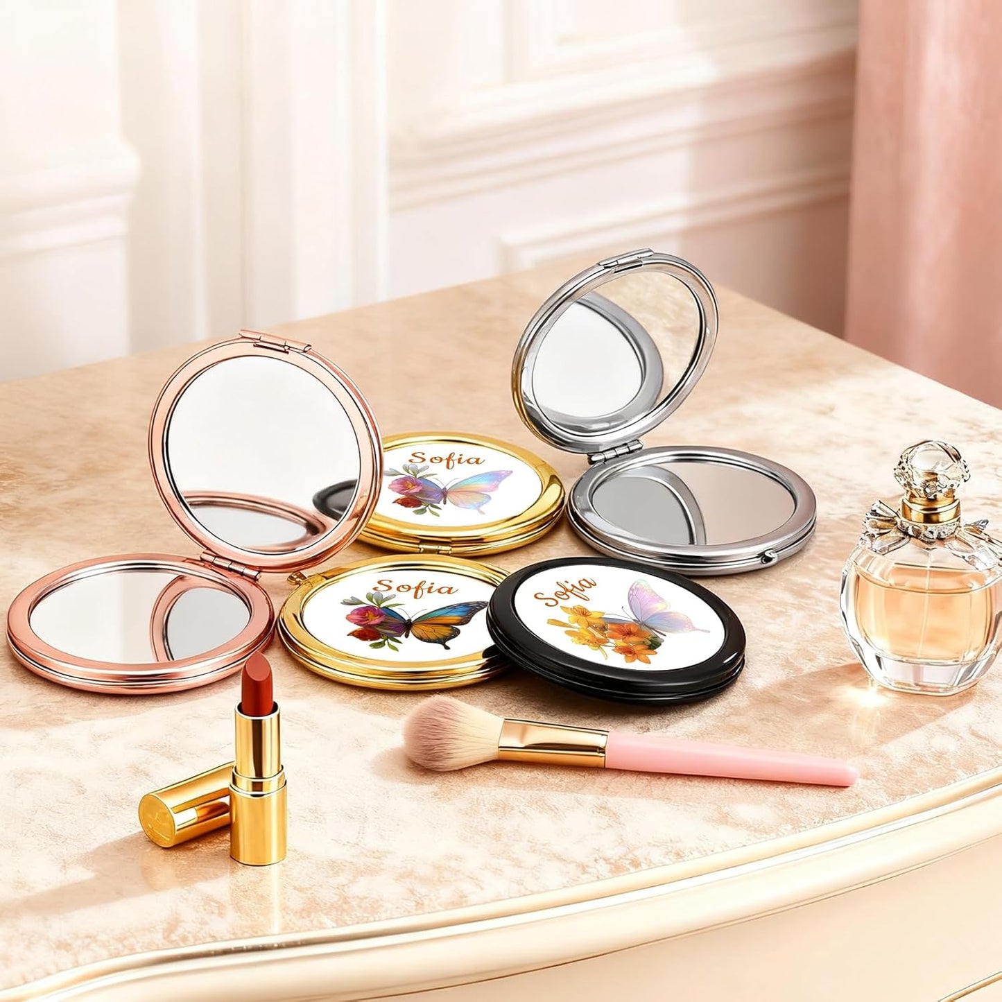 Custom Compact Mirror with Name - Personalized Flip Makeup Travel Pocket Mirror Gift for Women Bridesmaids Wedding Birthday (Butterfly Flower)