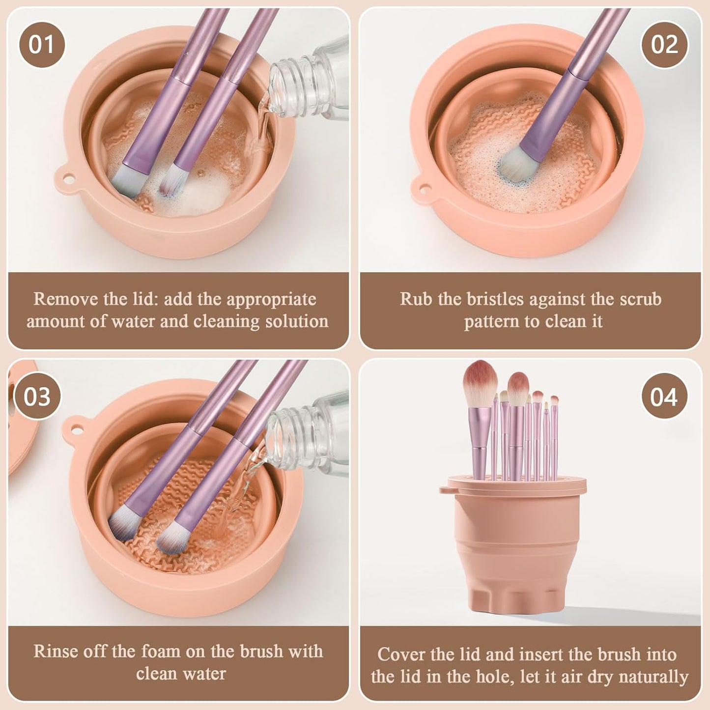 WantGor Makeup Brush Cleaner Mat with Brush Storage Holder, 3 in 1 Foldable Silicone Bowl Cosmetic Brushes Cleaning Pads Tool for Makeup Brush, Makeup Sponge, Powder Puff (Khaki)