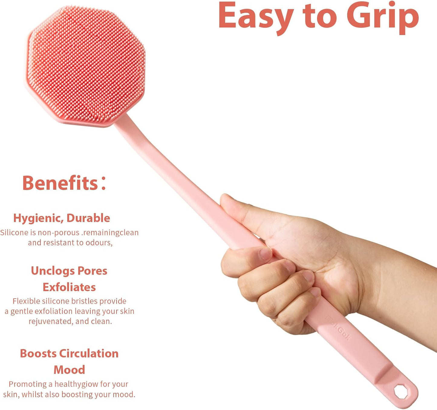 iTokGoK® Silver-Infused Silicone Back Scrubber with Long Handle Back Brush for Shower,Back Brush Long Handle for Men and Women,Ergonomic No-Slip Handle, Long-Lasting (Pink)