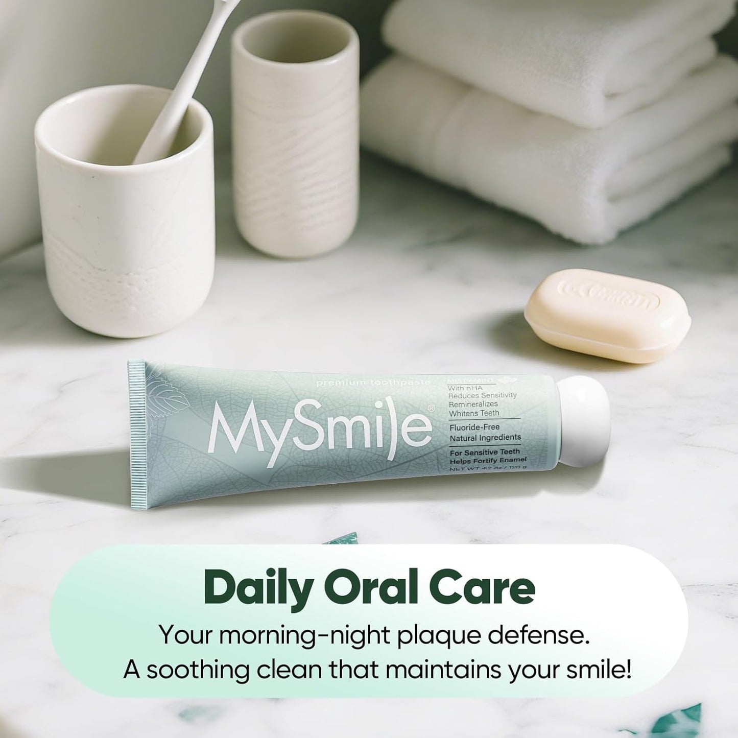 MySmile Fluoride Free Toothpaste, Nano Hydroxyapatite Toothpaste for Sensitive Teeth, Strengthens Enamel, Remineralizes & Whitens Teeth, Freshens Breath for Adults, SLS Free, Natural Misty Mint, 4.2oz