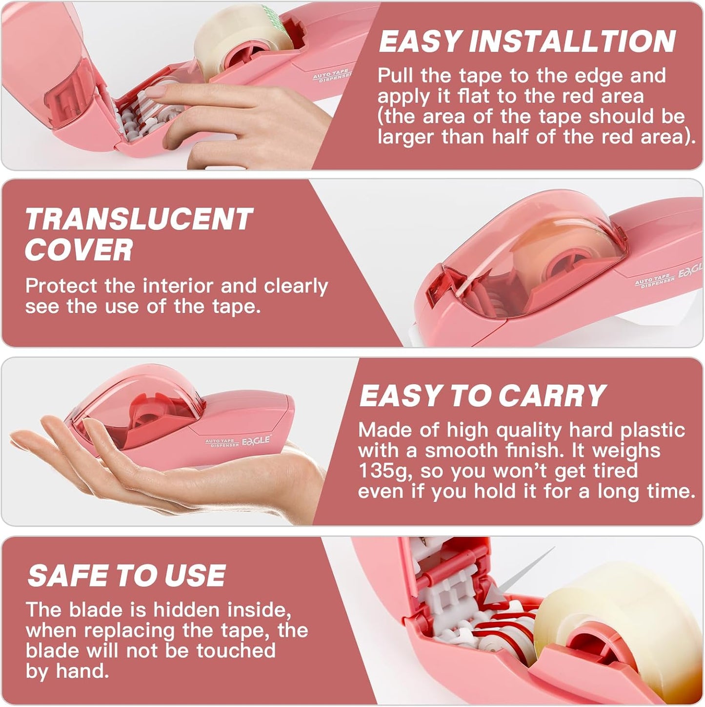 Eagle Automatic Tape Dispenser, Handheld & Portable Design, Office Tape Gun, One-Handed Operation with Safety Blade for Office, Home, DIY or Packaging (Includes 2 Free Tapes)(Flamingo Pink)