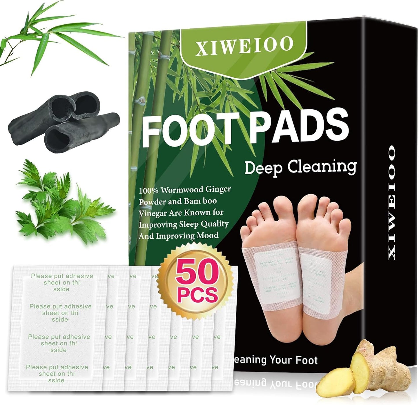Foot Pads Kit 50 Pack Foot Pads, Ginger Oil Bamboo Charcoal, Foot Care Patch Message Deep Cleansing for Stress Relief, Better Rest, Feet Health Patches, Relaxing Muscles Set