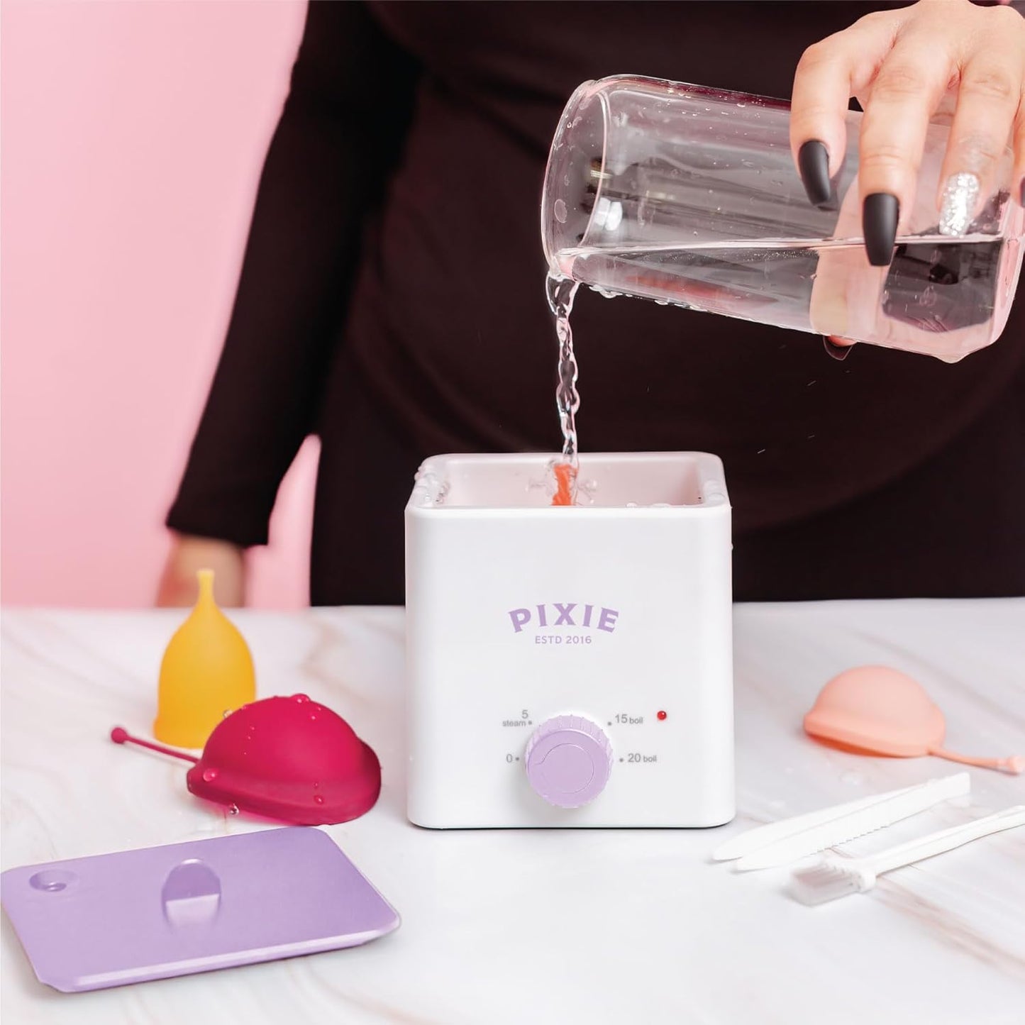 Pixie Menstrual Cup & Disc Boiler Sterilizer - Easily Submerge & Clean Your Period Cup in Boiling Water! Kills 99.9% of Germs with Cleaner Boiling Solution - The Most Soothing Way to Wash Your Cup