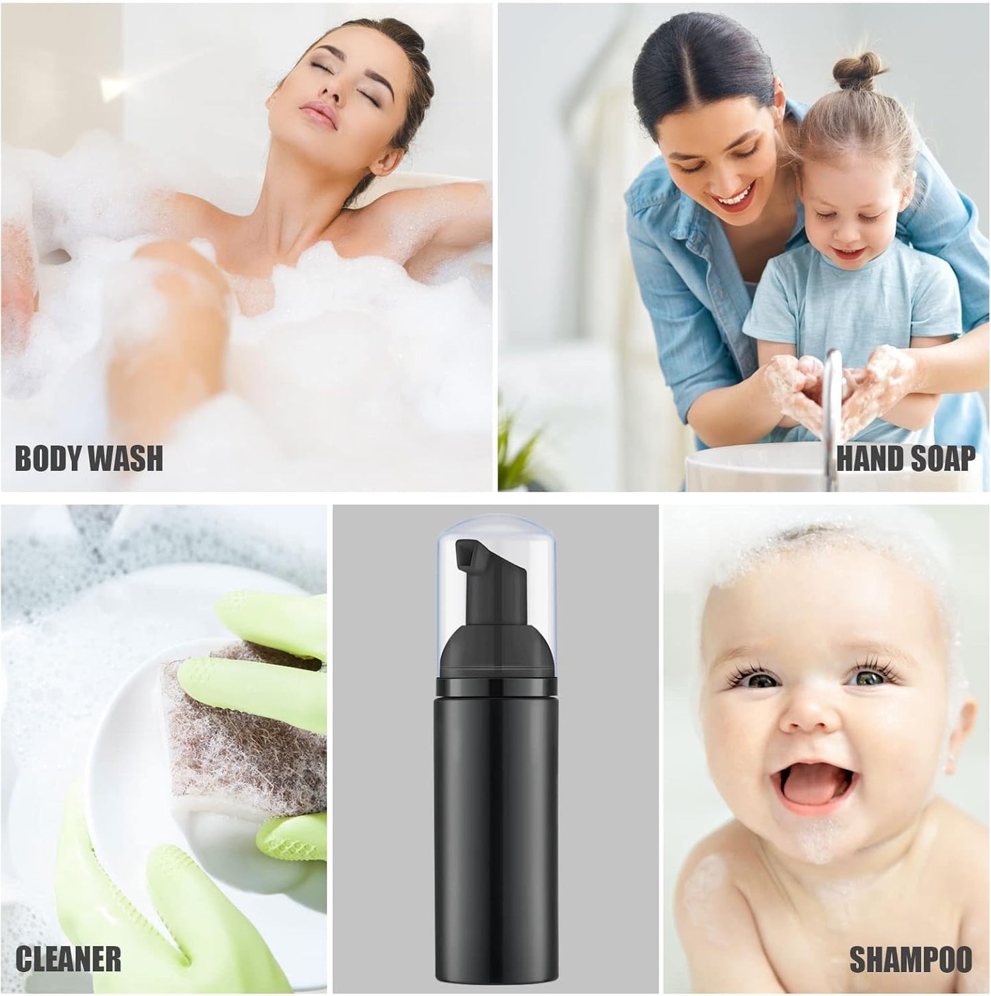 Lil Ray 2 Oz Empty Black Foam Pump Bottle, Foamer Soap Dispenser for Lash Shampoo, Hand Soap, Foaming Cleaner(Black Pump, 12 PCS)