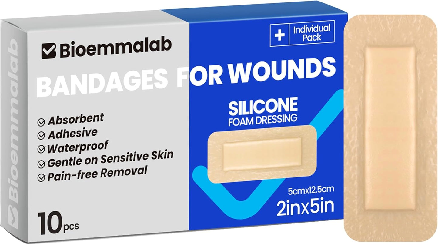 Large Waterproof Bandages 2"X5" Silicone Foam Dressing for Sensitive Skin Wound Care, 10 PCS, Adhesive Cohesive Pad with Border for First Aid, Post Surgical and Trauma Care, Sore, Burn, Pressure