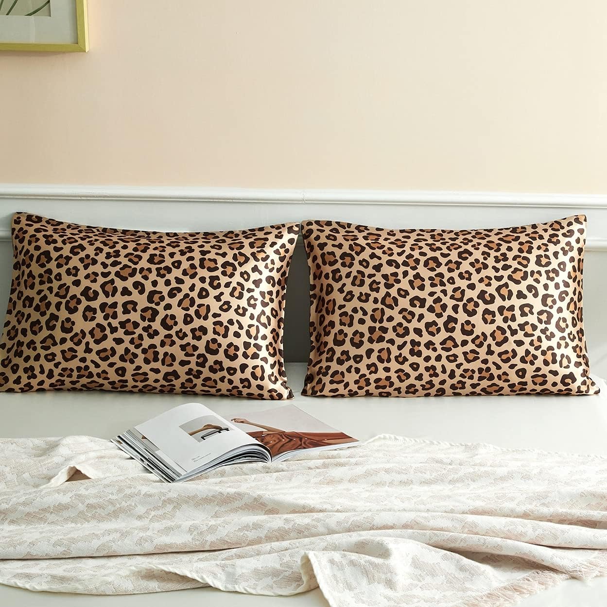 Silky Satin Toddler Pillowcases Pack of 2, 13x18 Inches Cheetah Print Travel Pillowcases with Envelope Closure, Small Kids Pillow Cases Covers, Gold Leopard