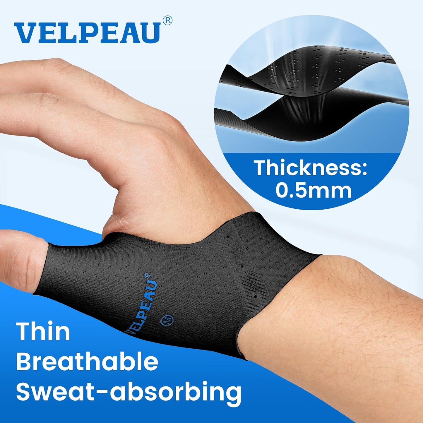 Velpeau Thumb Compression Sleeve for Tendonitis (Pack of 2), Seamless Technology, Gloves Wraps for Arthritis Pain Relief for Women & Men, Splint Liner, Fits Both Hands (Black,Short Version, S)