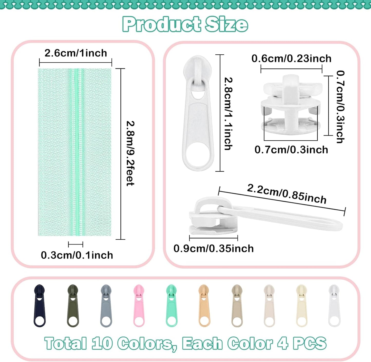 DOITEM 31 Yards 10 Pcs Sewing Zippers #3 Nylon Coil Zippers Assorted Zipper for Sewing with 40 Zipper Sliders for DIY Tailor Sewing Crafts Supplies, 10 Colors