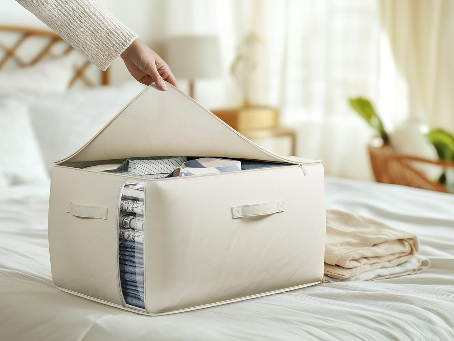 Large Canvas Clothes Storage Bags with Thick Handles and Clear Window, Foldable Cotton Linen Underbed Closet Organizer for Clothing, Blankets and Bedding, 60L, 4 Pack, Beige