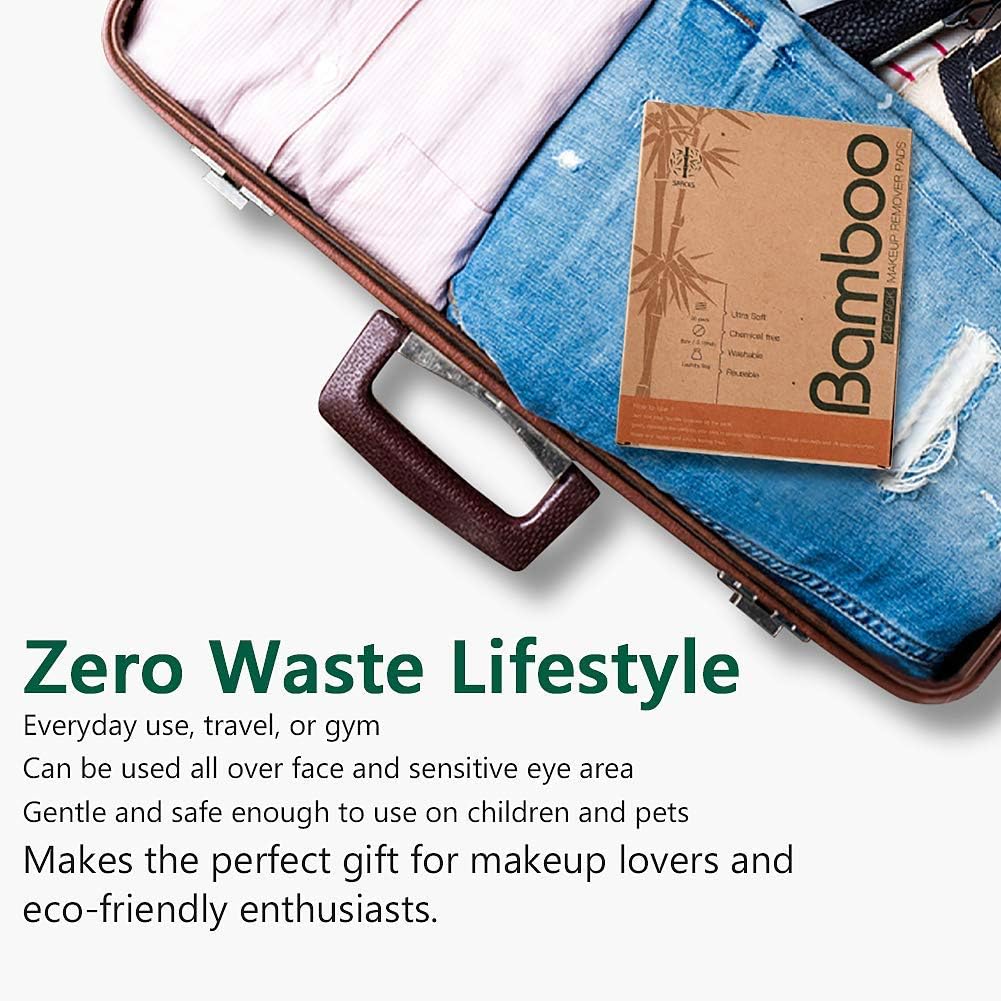 20 Packs Organic Reusable Makeup Remover Pads, Washable Bamboo Cotton Rounds for All Skin Types with Cotton Laundry Bag