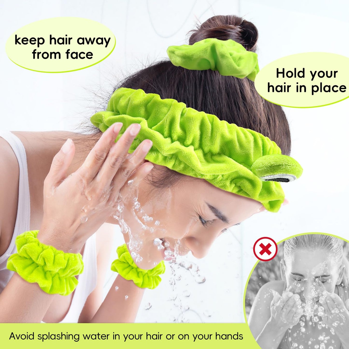 Face Wash Headband, Skincare Headband Wrist Bands For Washing Face Set Spa Hair Bands come with a Hair Scrunchie Cute Green Frog Elastic for Makeup Girls Women