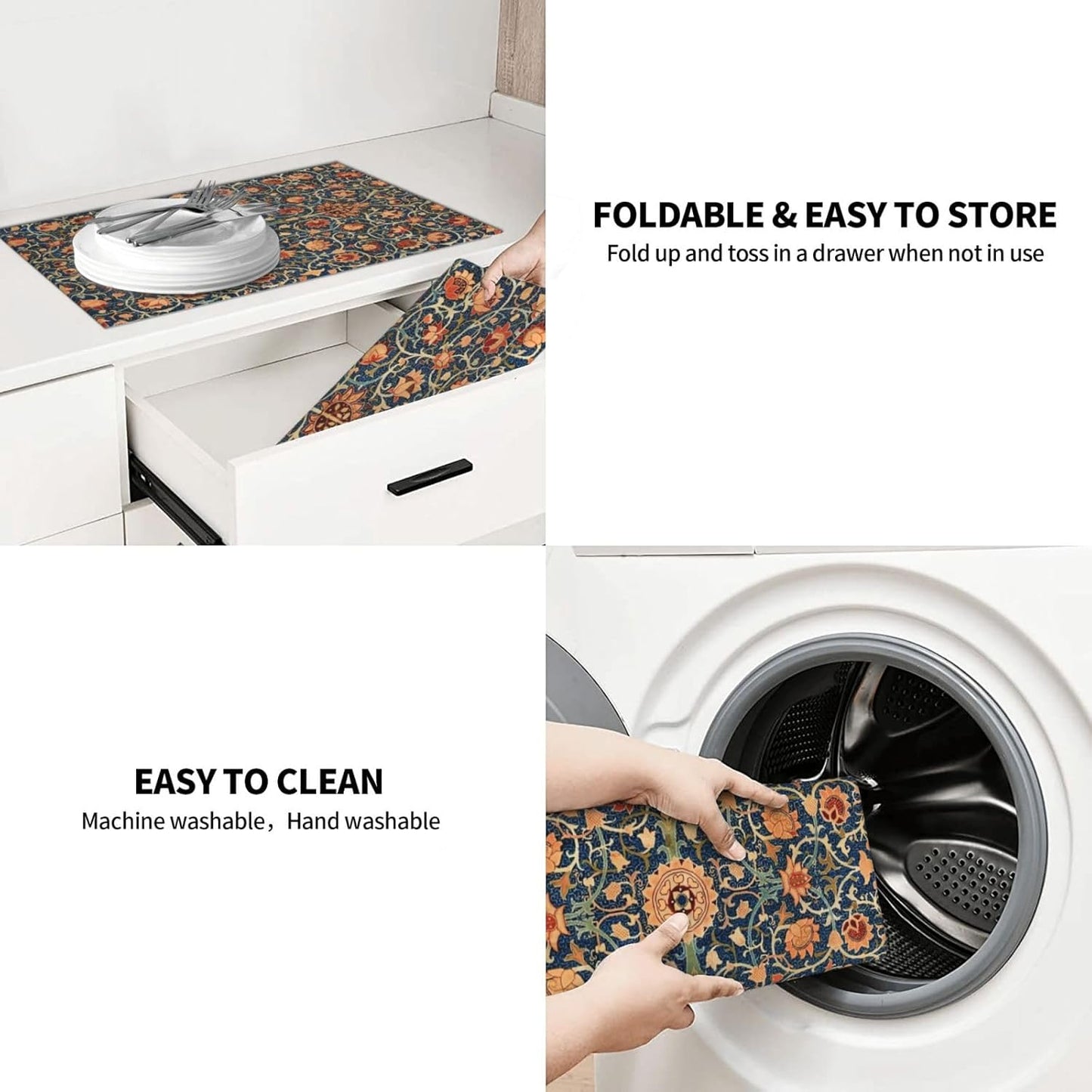 Floral Dish Drying Mat for Kitchen Counter, 18x24 Inch William Morris Boho Style Absorbent Dish Drying Pad Heat Resistant Mat Coffee Bar Mat Dish Drainer Rack Mat