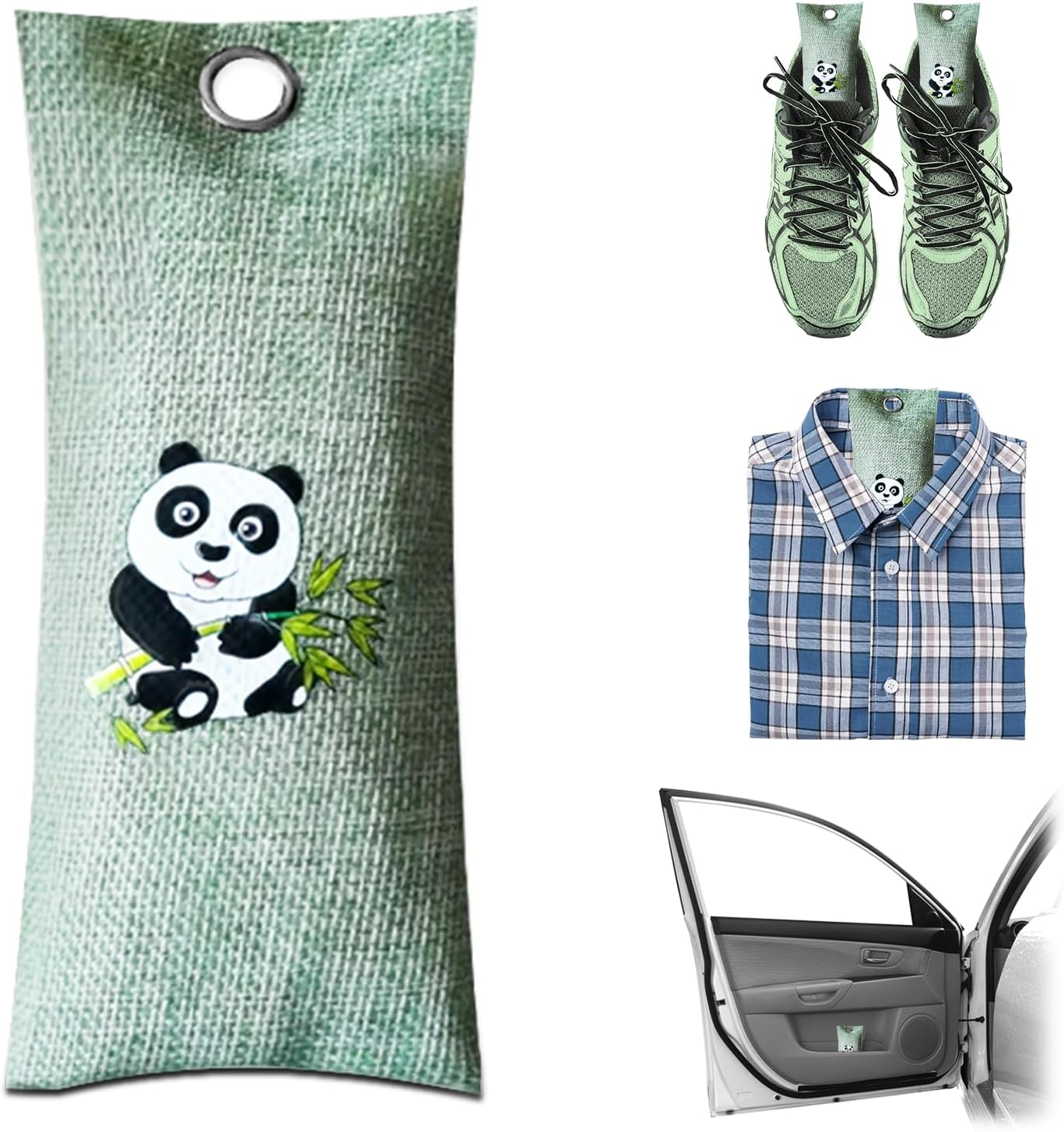 4 Pack charcoal odor absorber,Bamboo Charcoals Air Purifying Bag Charcoals Deodorizer Eliminator for Strong Odors in Car, Closet, Shoe, Basement (75G*4 Pack Panda, Unscented)