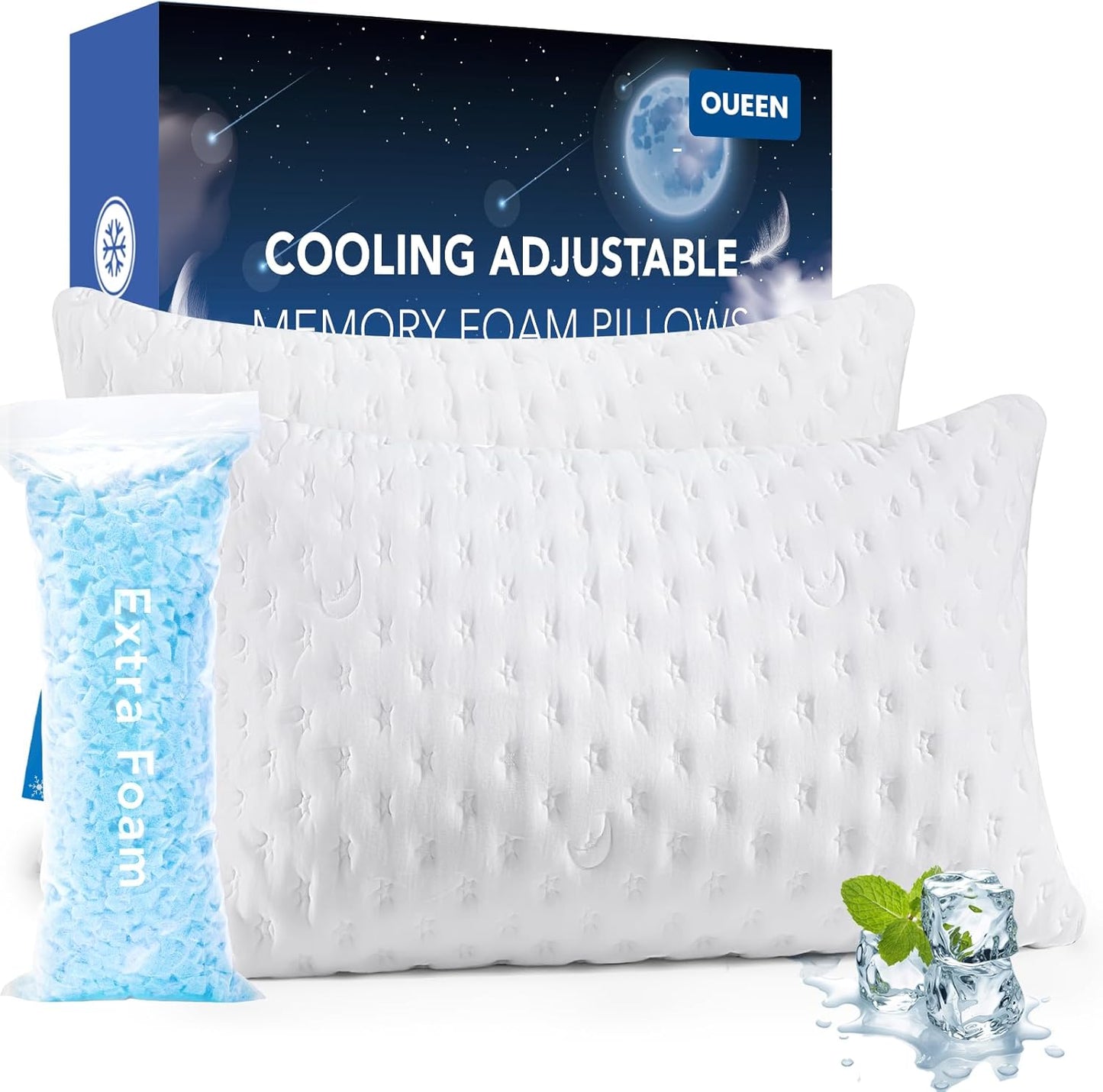 Cooling Side Sleeper Pillow for Neck and Shoulder Pain, Luxury Shredded Memory Foam Pillows for Sleeping, Firm Bed Pillows Queen Size Set of 2- Adjustable Queen Size- Washable Cover Original White