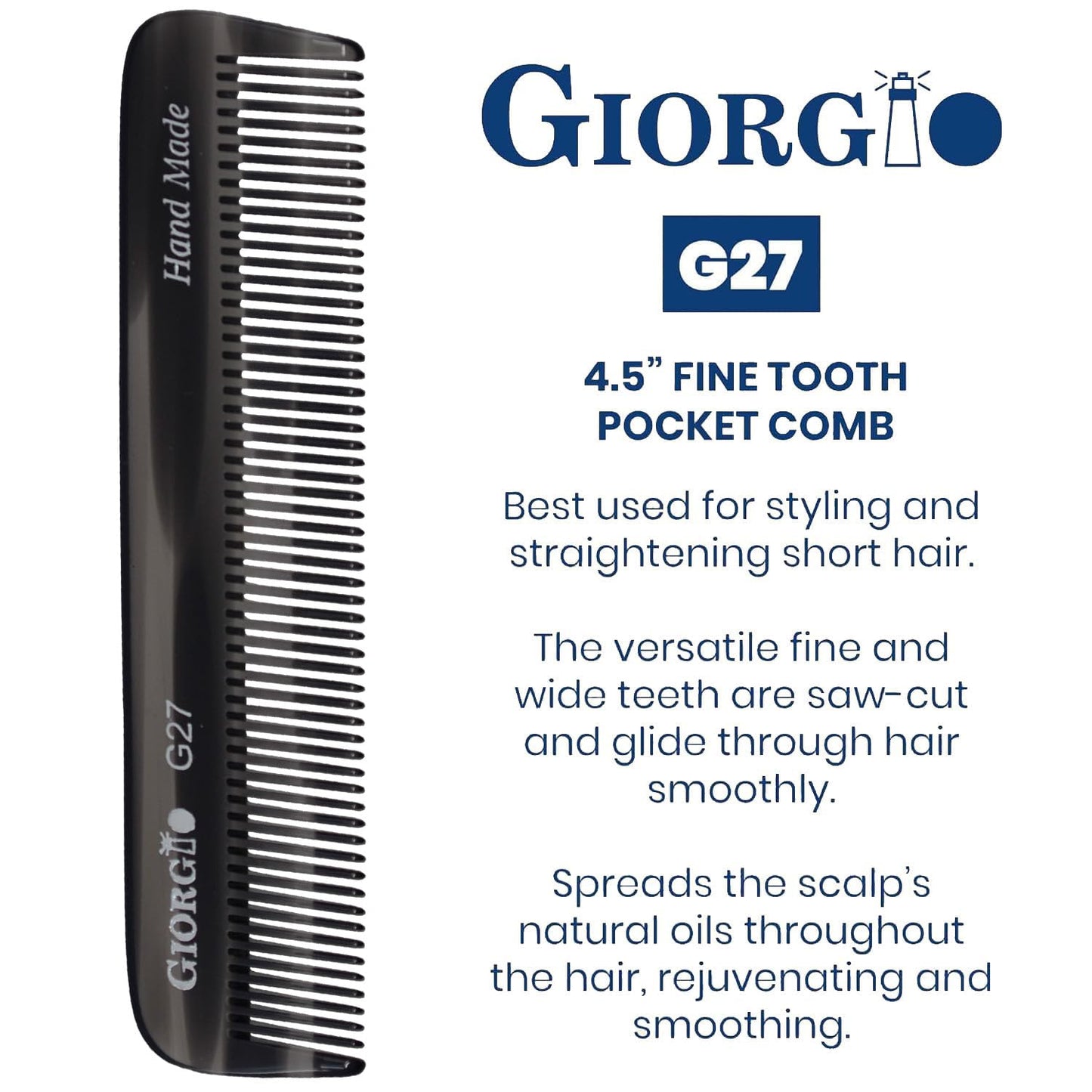Giorgio G27 Handmade All Fine Tooth Pocket Comb, Hair Comb Straightener for Everyday Grooming Styling Hair, Mustache and Beard for Men Women and Kids, Saw Cut and Polished Black Graphite