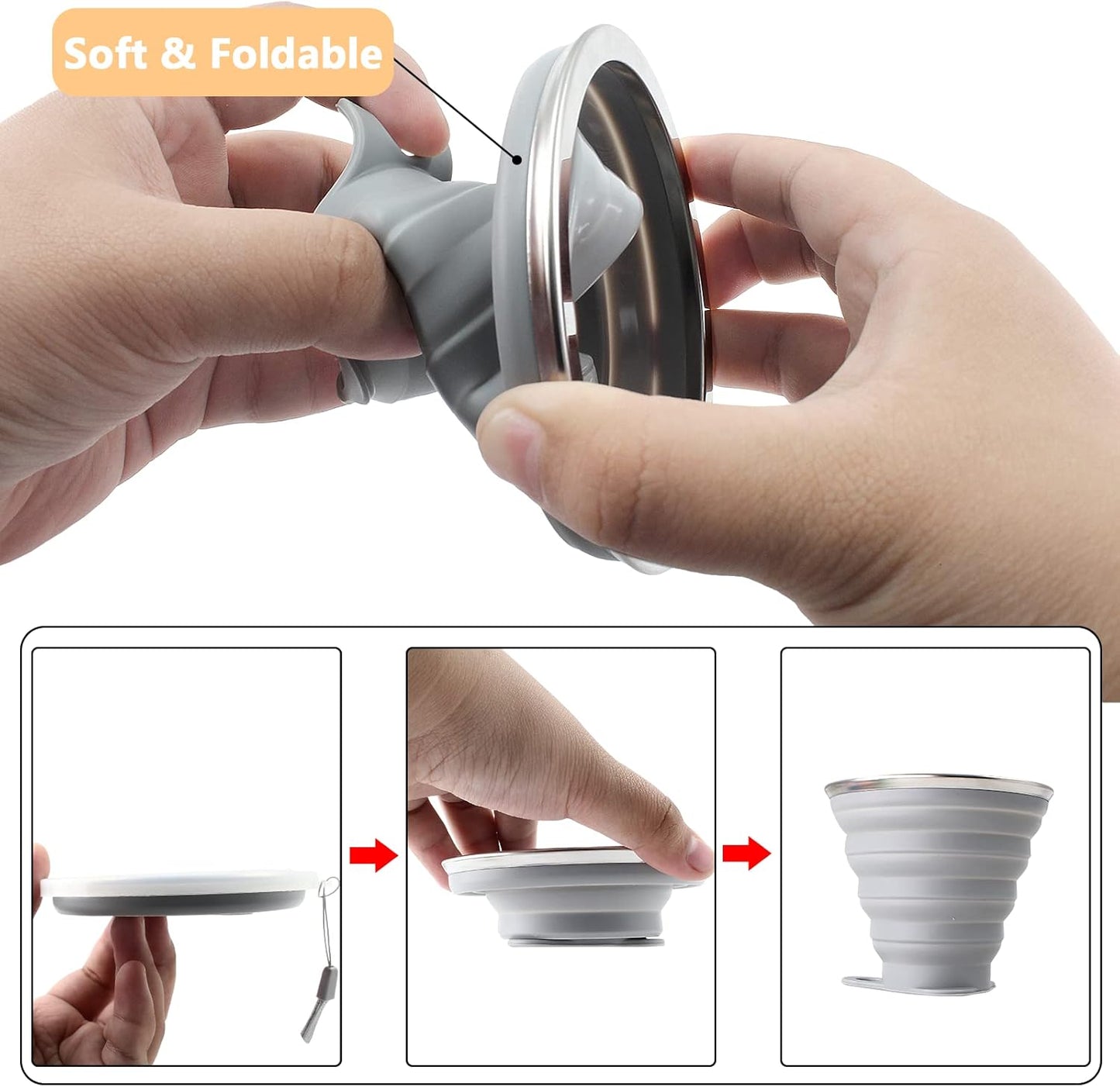 Litoexpe 2 Pack Silicone Collapsible Travel Cup Portable Folding Camping Cup Sets with Lids, Grey & Green