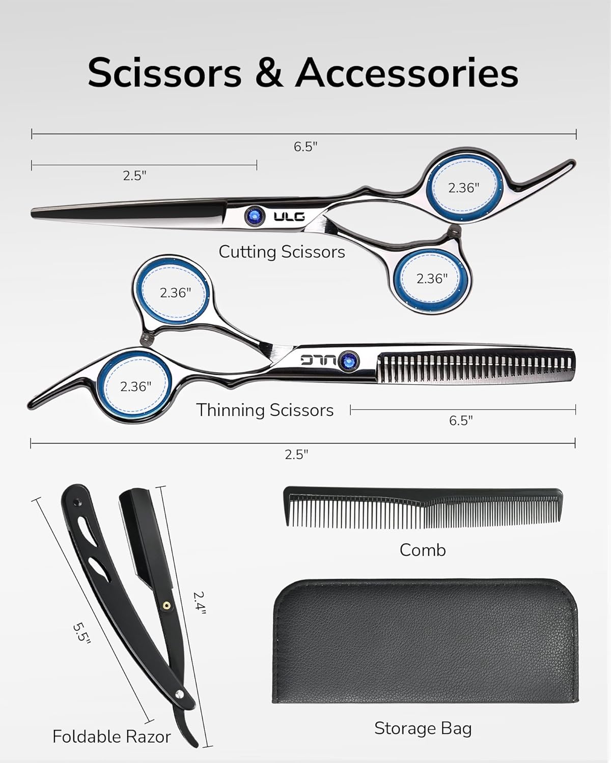 ULG Hair Cutting Scissors Thinning Shears Kit Professional Hairdressing Texturizing Salon Razor Edge Scissor Barber Kit1 Pro