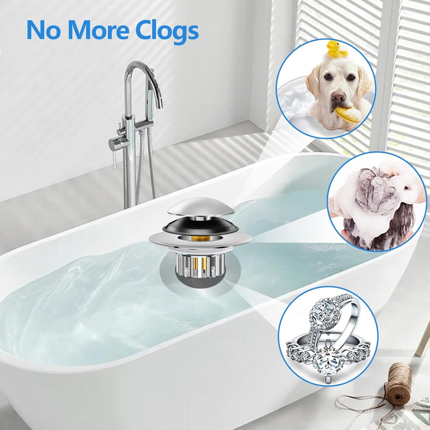 Bathtub Drain Stopper Universal, Pop Up Drain Stopper with Stainless Steel Strainer Basket Hair Catcher, Anti-Clogging Design, Leak-Proof Silicone Ring, for Bath/Sink (1 Pack Tub Drain Stopper)