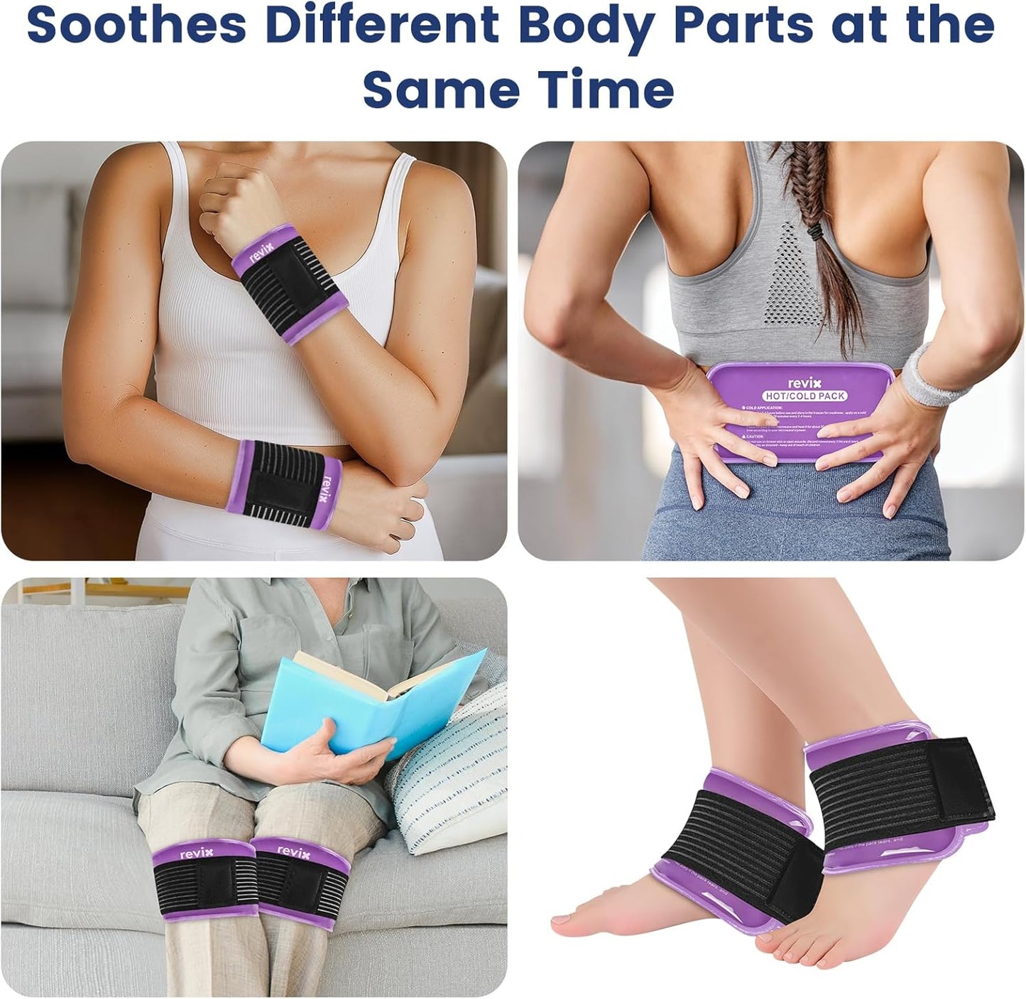 REVIX Ice Packs for Injuries Reusable, 2 Packs Hot & Cold Gel Ice Packs with PVC Cooling Design & Adjustable Strap, Flexible Therapy on Joints, Muscles, Shoulder, Back and Knee (10" x 5" Purple)