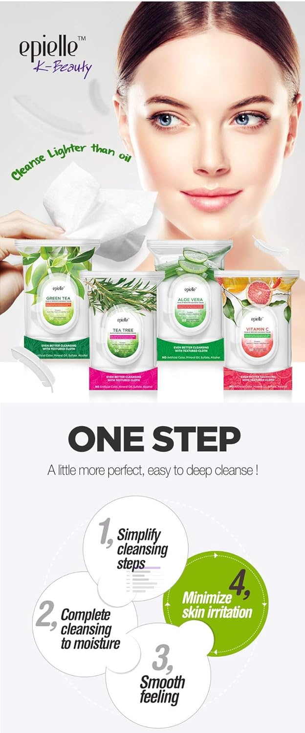 Epielle Tea Tree Makeup Remover Wipes, Gentle Daily Facial Cleanser Towelettes, Remove Dirt, Oil & Waterproof Mascara, Hypoallergenic & Alcohol-Free, 60 Count (Pack of 2)