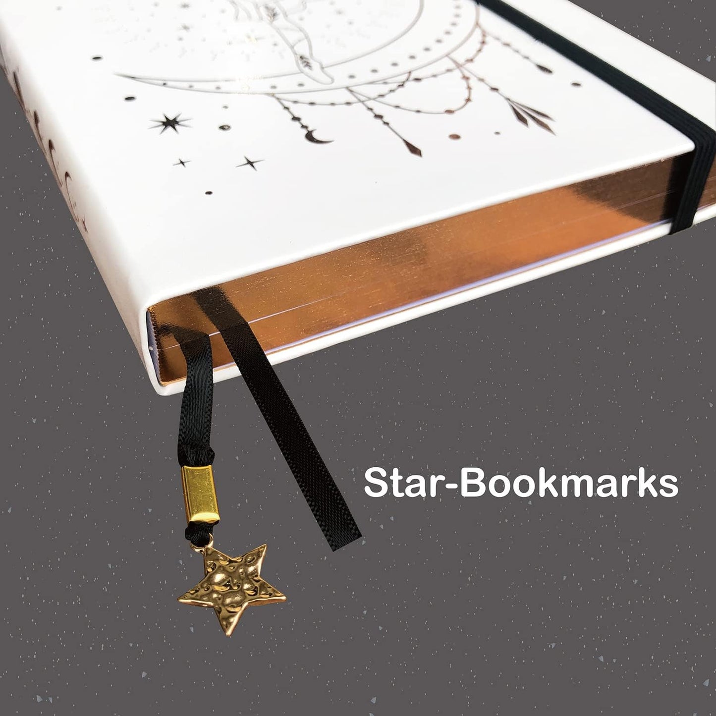 BUKE Medium A5 Hardcover Notebook Dotted Journal - 180Gsm Thick Bamboo Paper - 160 Dot Grid Pages 5x5 MM - White Color Faux PU Leather Cover - Rose Gold Edge And Moons (A5, White)