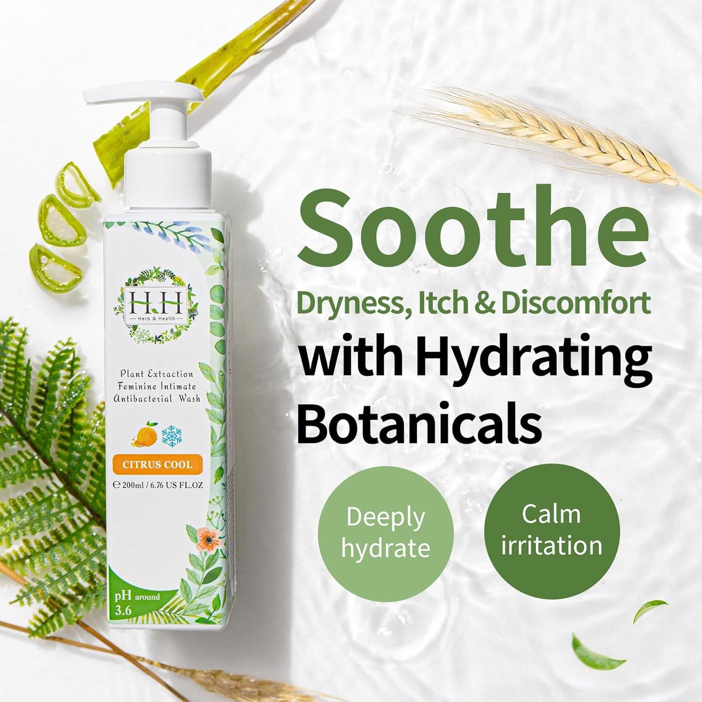 HH Herb & Health Feminine Wash for Women, pH3.6 Lactobacillus Cleanser with Botanical Extracts, Hydrating & Cooling Intimate Care for Odor Dryness and Itch, Sensitive Skin Safe, Rose Scent Cool