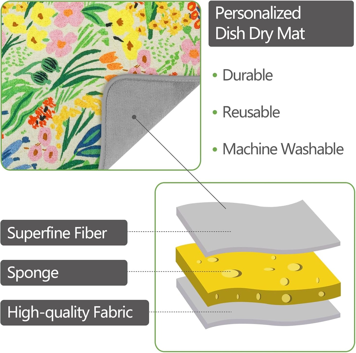 SHIYUE Dish Drying Mat for Kitchen Counter Super Absorbent Spring Kitchen Decor Microfiber Drying Matainers Rack Fast Pad Dish Drainer Mats(Cute Colorful Flowers,16''x18'')