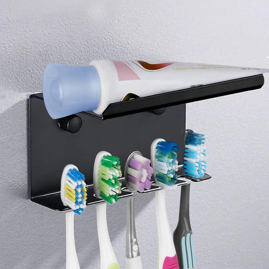 Wall Mounted Toothbrush Holder for Bathroom Shower, 5 Slots Aluminum Self-Adhesive Tooth Brush, Toothpaste Organizer Hanger Compatible with Colgate Extra Clean, Oral-B CrossAction, etc Black