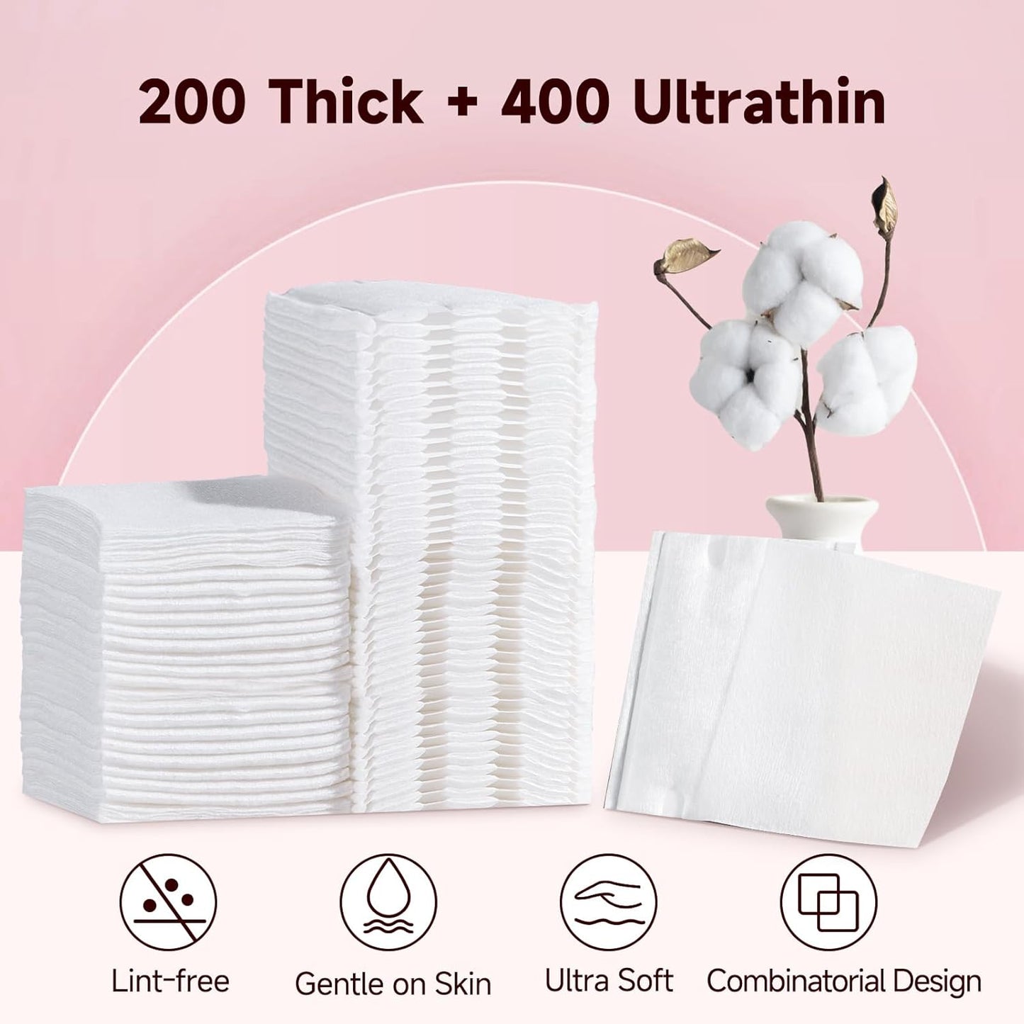 600 PCS Square Cotton Pads, Soft and Lint-Free, Includes 400 Ultra-Thin and 200 Thick Pads, Hypoallergenic Makeup Remover for Face, Eyes and Lips and Daily Skin Care