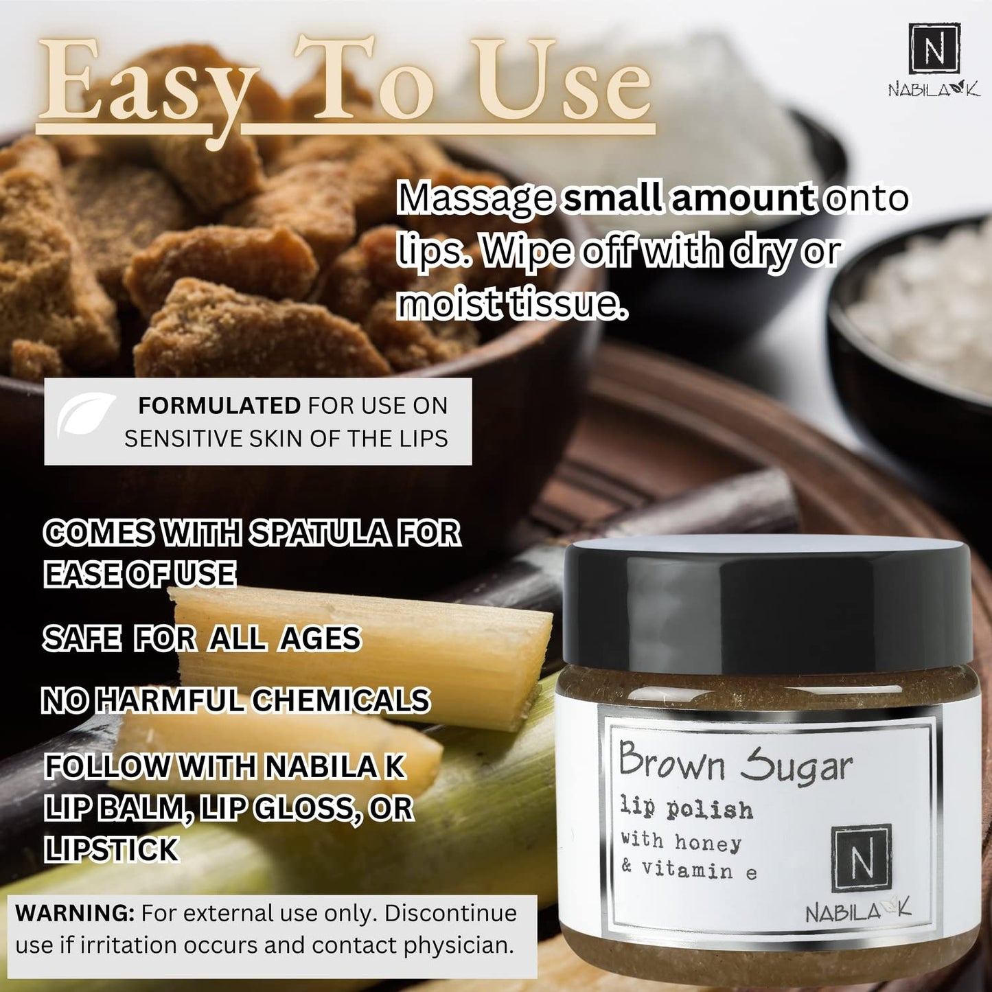 Brown Sugar Lip Polish, 1 oz by Nabila K - Hydrating Lip Exfoliator & Moisturizer with Honey and Vitamin E for Dry and Chapped Lips - Cruelty-Free, Real Sugar, Made in USA