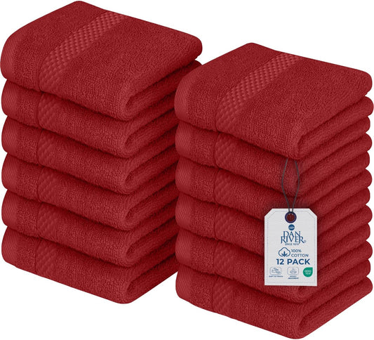 DAN RIVER 12-Pack Premium 100% Cotton RED Face Towels – Reusable Face Towel Set, Soft & Absorbent Small WashCloths for Bathroom & Body – Hand and Face Towels, 550 GSM (12x12 in)