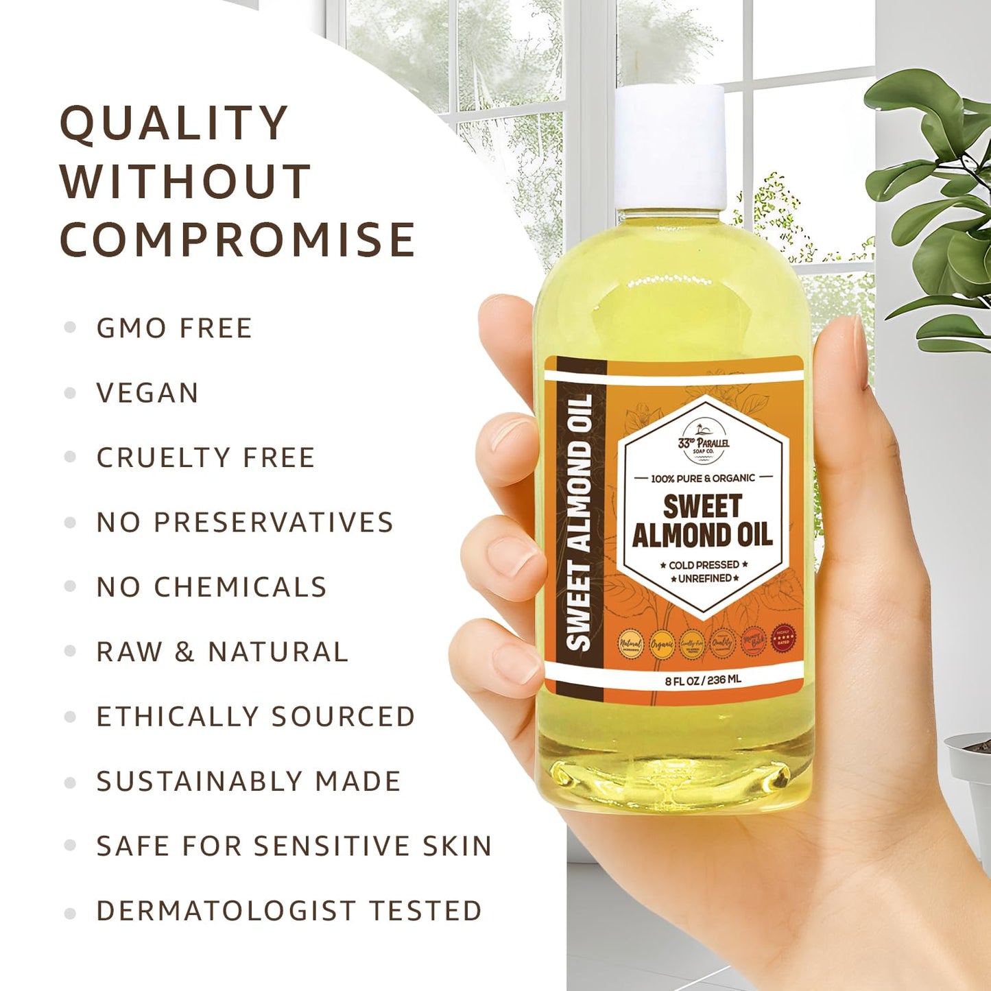 ORGANIC SWEET ALMOND OIL (8 oz) Premium Cold Pressed Unrefined | 100% Pure Sweet Almond Oil for Skin, Face, Hair, Soap Making | Carrier for Essential Oils | Available in Bulk | 8 FL OZ