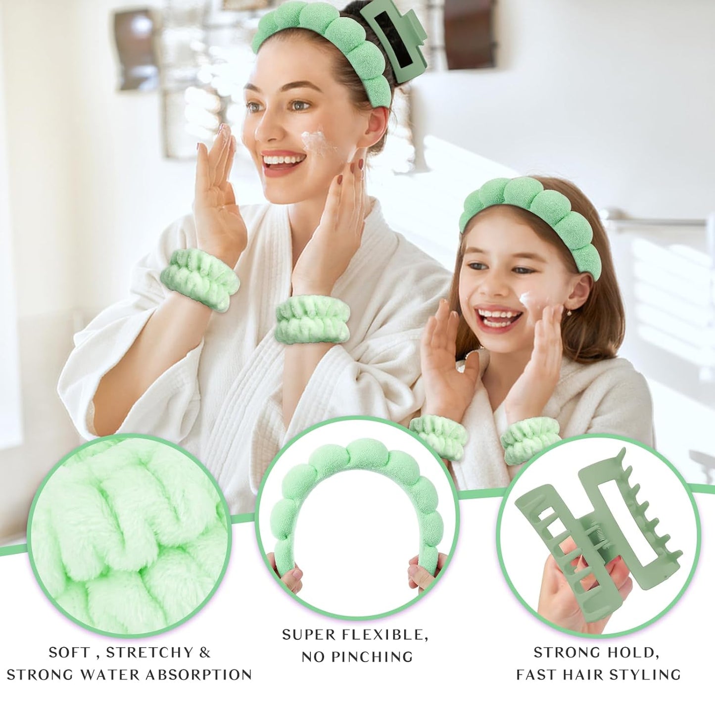 Wecoe Spa Headband And Wristband Set Skincare Headband For Washing Face Hair Claw Clips For Thick Hair Cute Green Puffy Sponge Makeup Bubble Head Band Wrist Towels Scrunchies For Women Girls