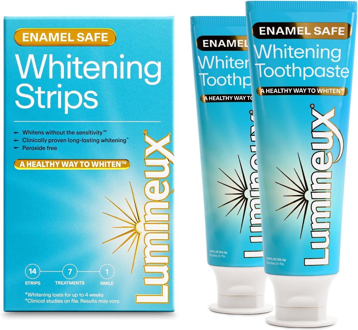 Lumineux Whitening Starter Set – Peroxide Free - Enamel Safe for Whiter Teeth – Includes 7 Whitening Treatments & 2 Pack Whitening Toothpaste, Fluoride Free & Dentist Formulated