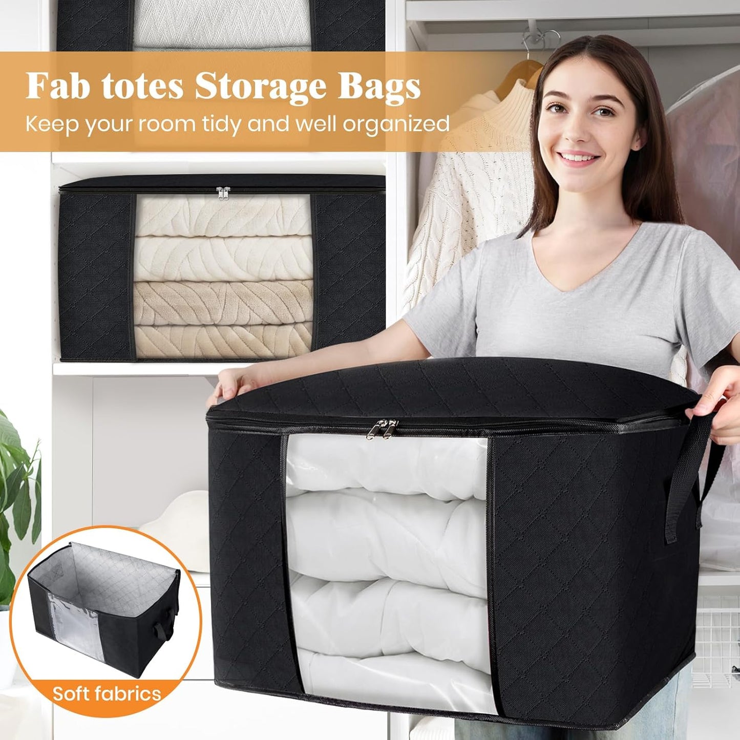 Fab totes 24 Gallons Clothes Storage, Foldable Thick Fabric Blanket Storage Bags, Containers for Organizing Bedroom, Closet, Clothing, Comforter, Organization with Handle (8 Pack,Black)
