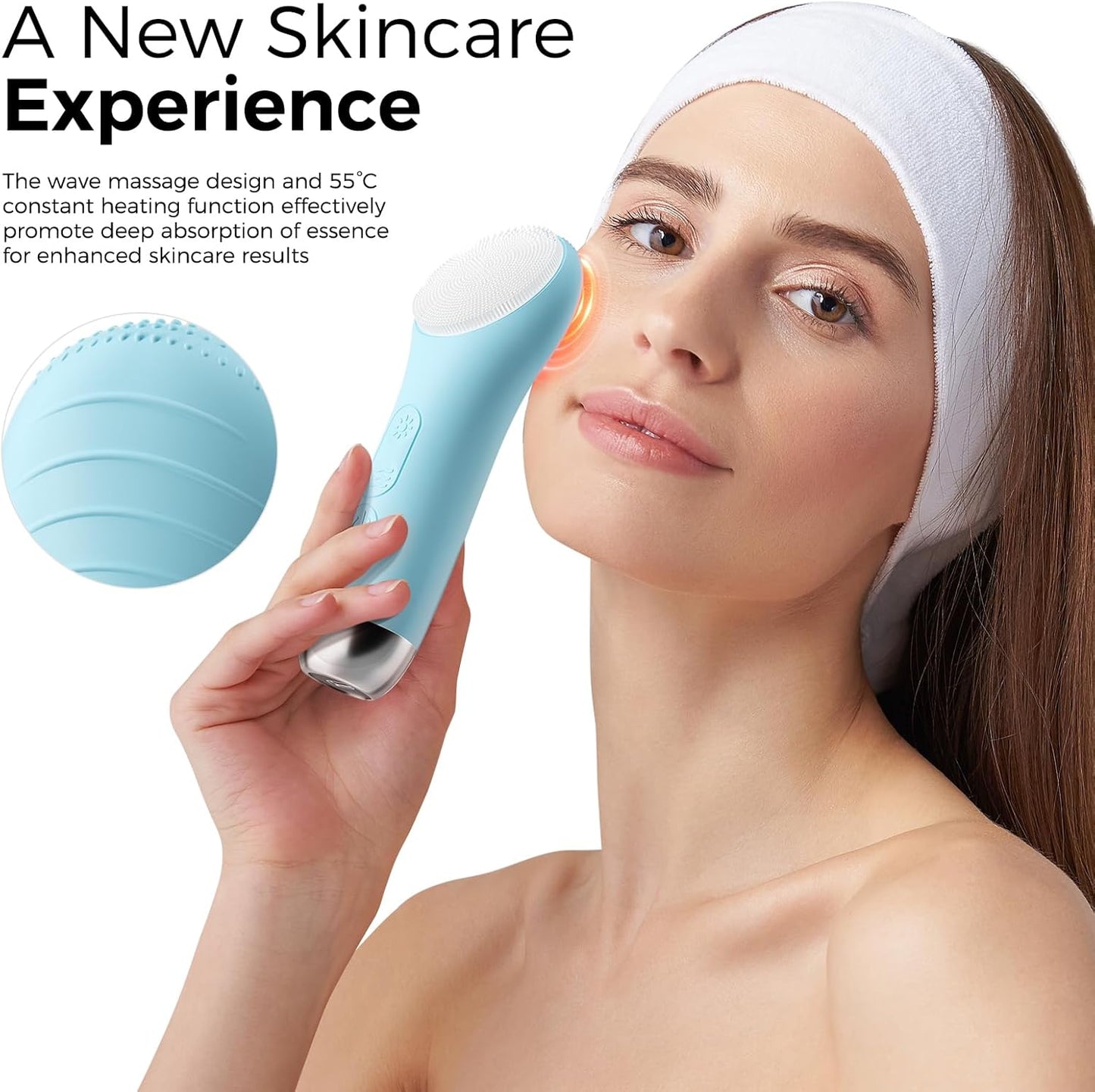 Facial Cleansing Brush Face Scrubber - Rechargeable Electric Face Cleansing Brush with 4 LED Gentle Light Liquid Silicone Modes Exfoliator,IPX7 Waterproof Ideal Gift for Men and Women-Blue