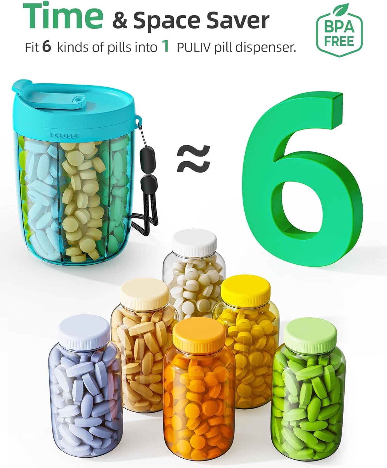 PULIV Large Pill Bottle Organizer, Supplement Organizer for Holding 6 Various Vitamins, Pill Box Case with Anti-Mixing & Wide Opening Design, Easy to Retrieve Meds and 20 Pcs Stick-on Labels, Blue