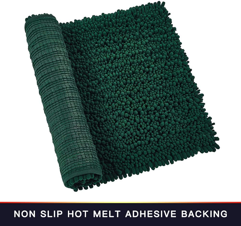 Walensee Bathroom Rug 2 Pieces Set Non Slip Bath Mat (17x24 Plus 20x32 Inch Hunter Green) Water Absorbent Super Soft Shaggy Chenille Machine Washable Dry Extra Thick Perfect Carpet for Shower Floor