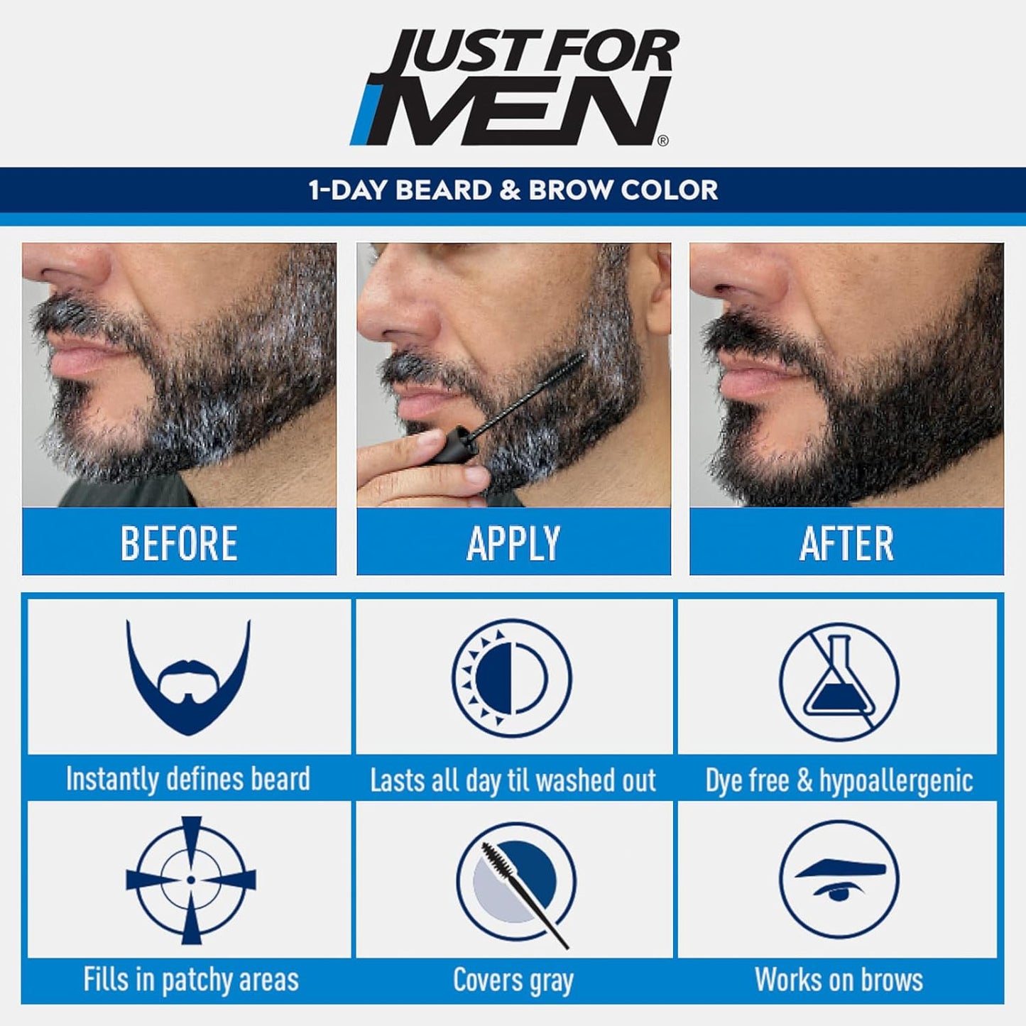 Just for Men 1-Day Beard & Brow Color, Temporary Color for Beard and Eyebrows, For a Fuller, Well-Defined Look, Up to 30 Applications, Light Brown, Ships in Eco-Friendly Packaging (Pack of 3)